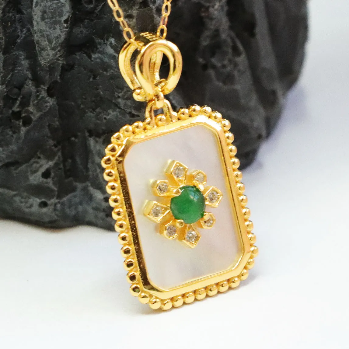 Sterling Silver Jade Bead Necklace with Zircon Flower Pendant