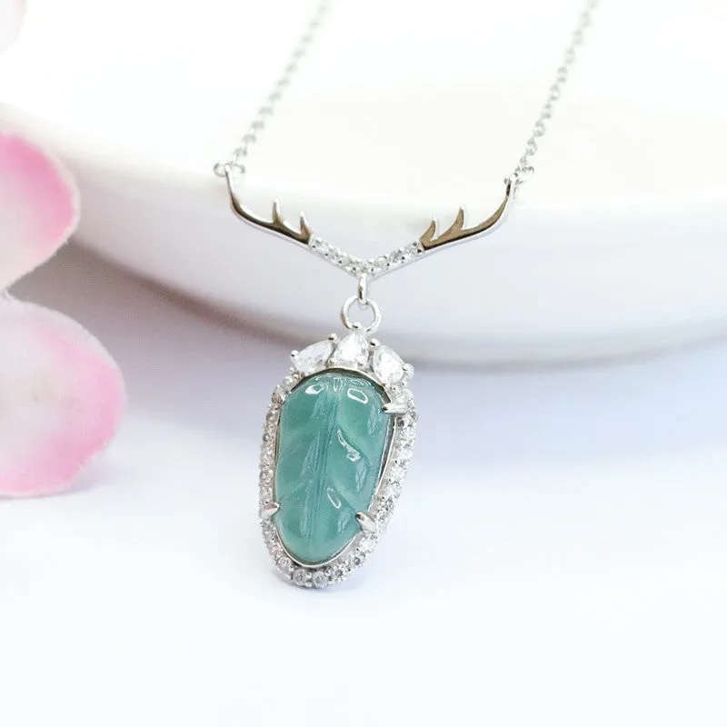 Sterling Silver Natural Jade Pendant Blue Green Leaf Zircon Antler Necklace