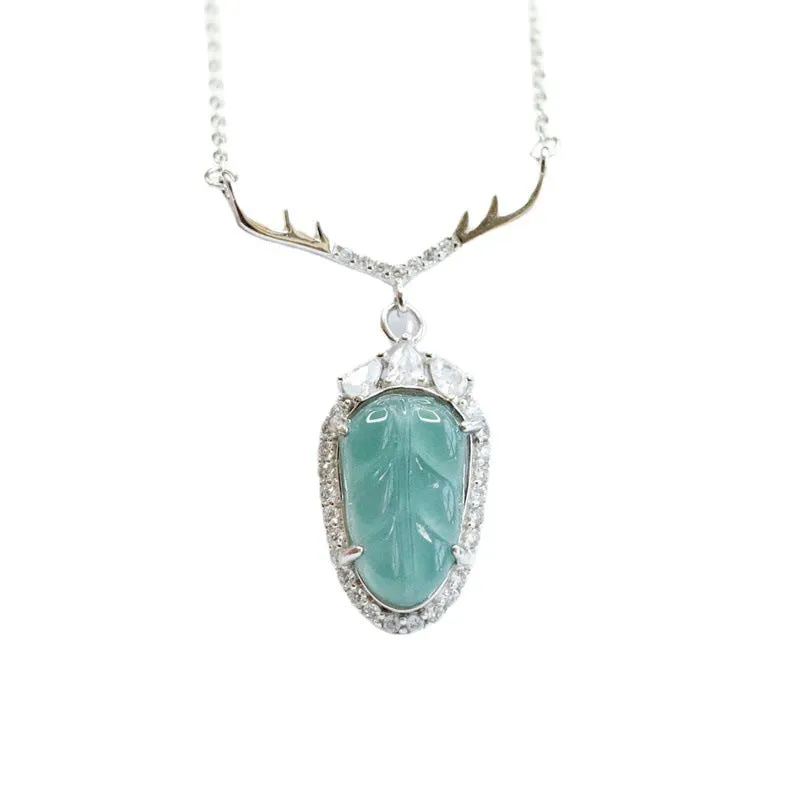 Sterling Silver Natural Jade Pendant Blue Green Leaf Zircon Antler Necklace