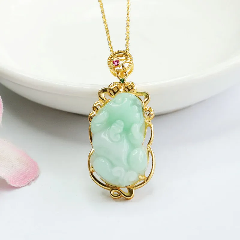 Sterling Silver Pixiu Jade Pendant Necklace with Hollow Edge