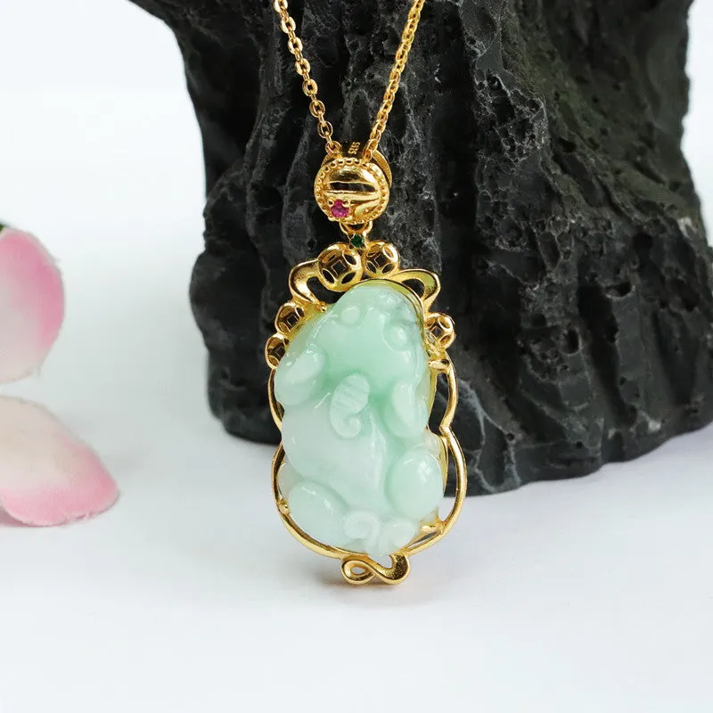 Sterling Silver Pixiu Jade Pendant Necklace with Hollow Edge