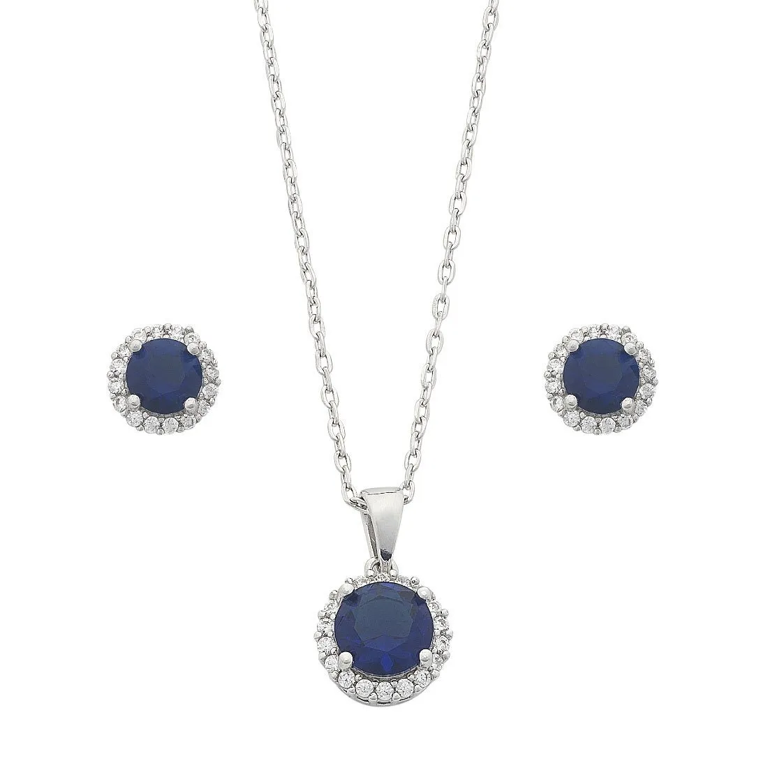 Sterling Silver Sapphire Cubic Zirconia Earrings and Necklace Set