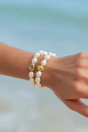 Stretchy Pearl Bracelet with Gold Shell Accent - Nanea