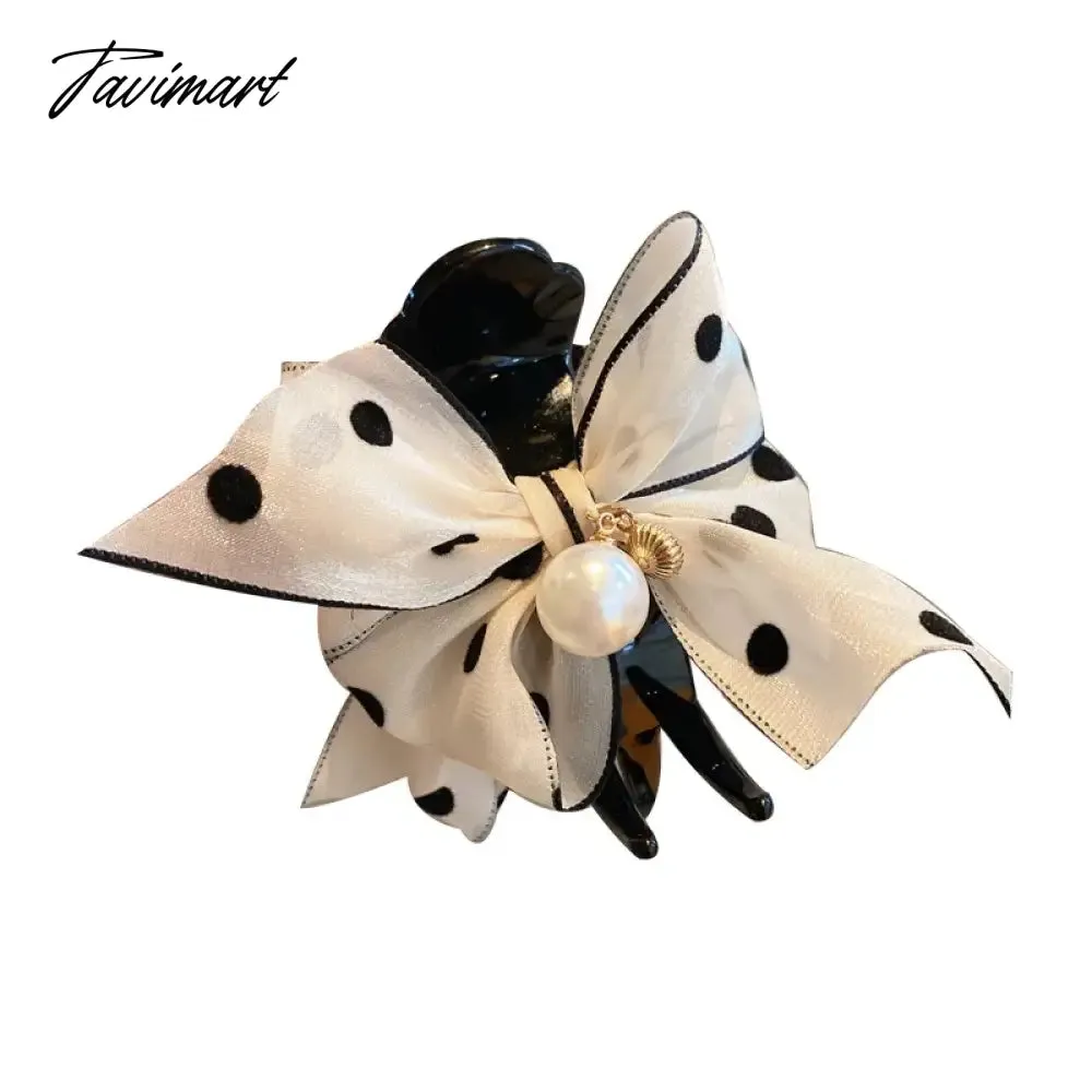 TAVIMART -  Korean bow pearl hairpin female back head grab clip temperament ball head shark clip net red hairpin headwear