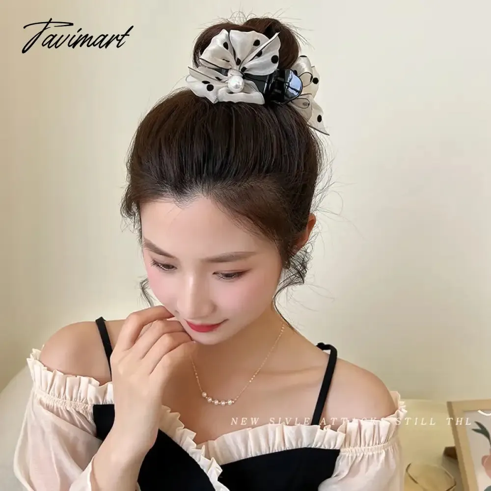 TAVIMART -  Korean bow pearl hairpin female back head grab clip temperament ball head shark clip net red hairpin headwear