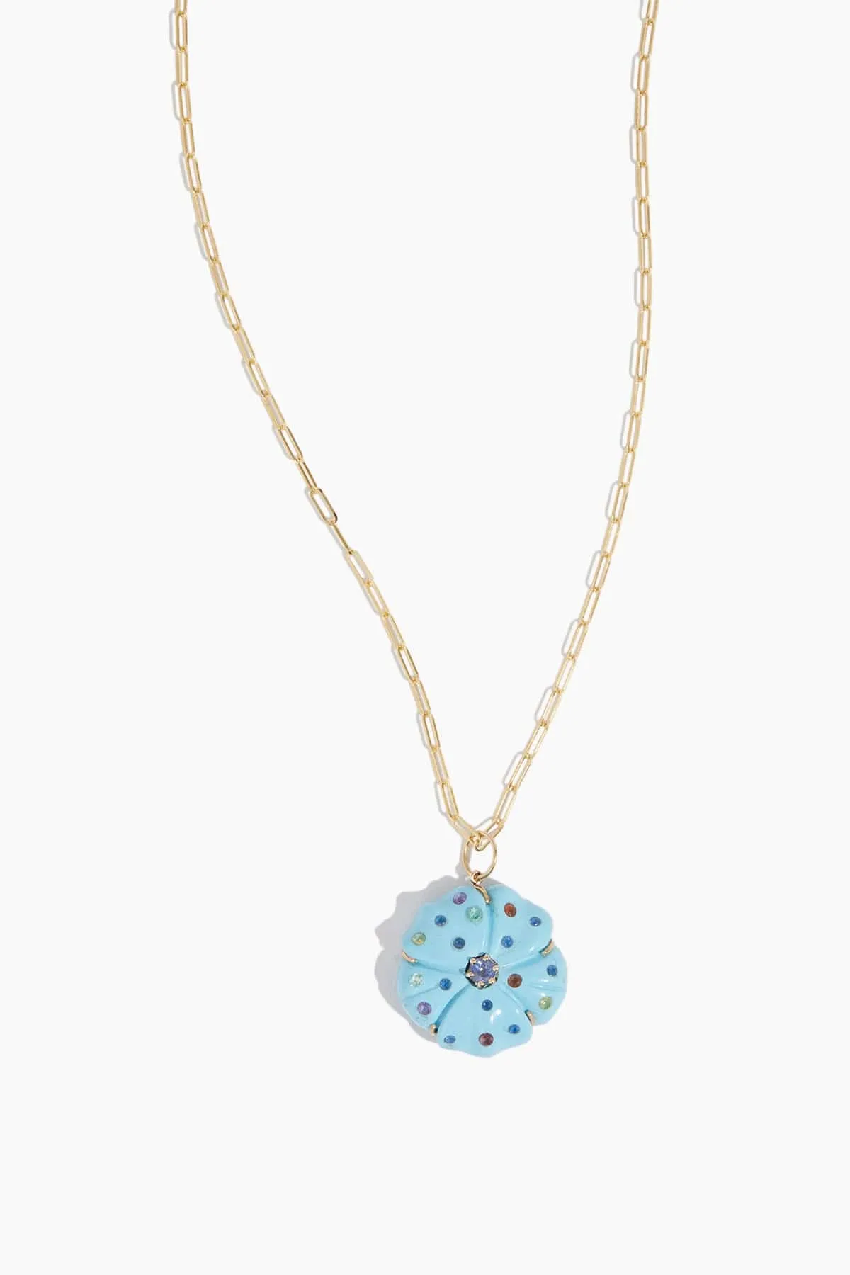 Turquoise Flower with Sapphire Sprinkles in 14k Yellow Gold