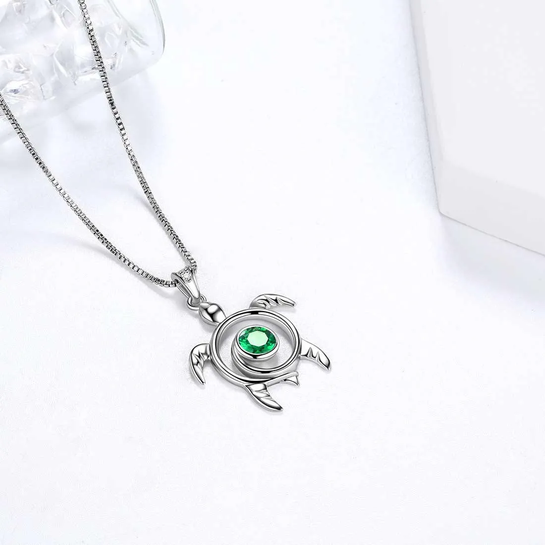 Turtle Birthstone May Emerald Necklace Pendant Women Girls Jewelry Birthday Gift