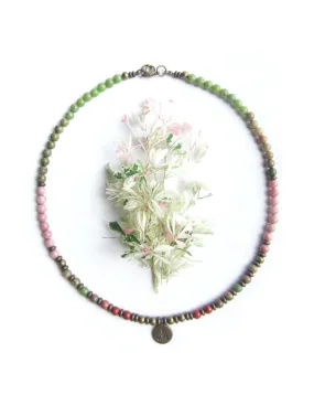 Unakite, Olive Jade and Pink Rhodonite Necklace