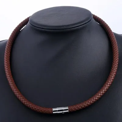 VenusFox Men's Leather Choker Brown Black Braided Rope Chain Necklace For Men Boys Stainless Steel Clasp Male Jewelry Dropshipping UNM09A