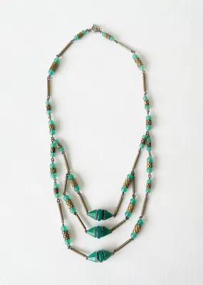 Vintage 1930s Jade Green Glass and Brass Necklace