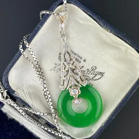 Vintage Art Deco Style Jade Silver Filigree Pendant Necklace