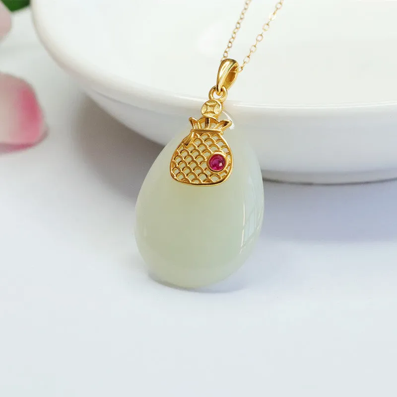 Water Drop White Jade Money Bag Necklace crafted in S925 Sterling Silver with Hotan Natural Jade