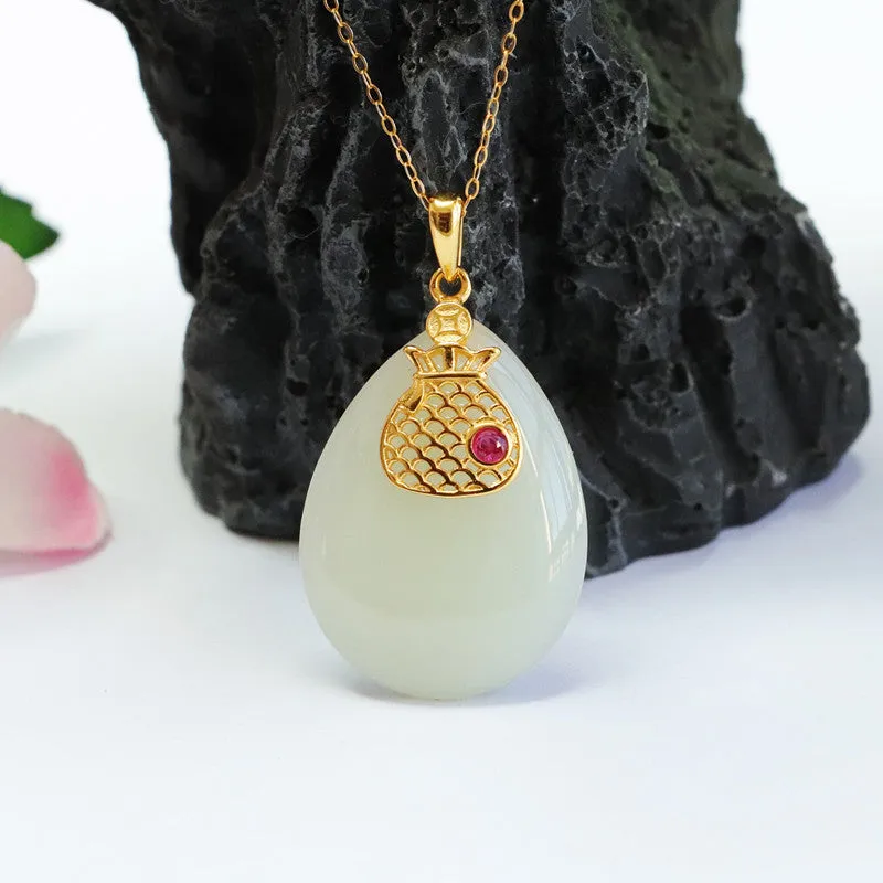 Water Drop White Jade Money Bag Necklace crafted in S925 Sterling Silver with Hotan Natural Jade