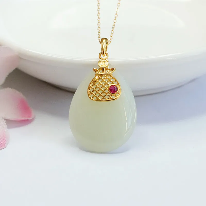 Water Drop White Jade Money Bag Necklace crafted in S925 Sterling Silver with Hotan Natural Jade