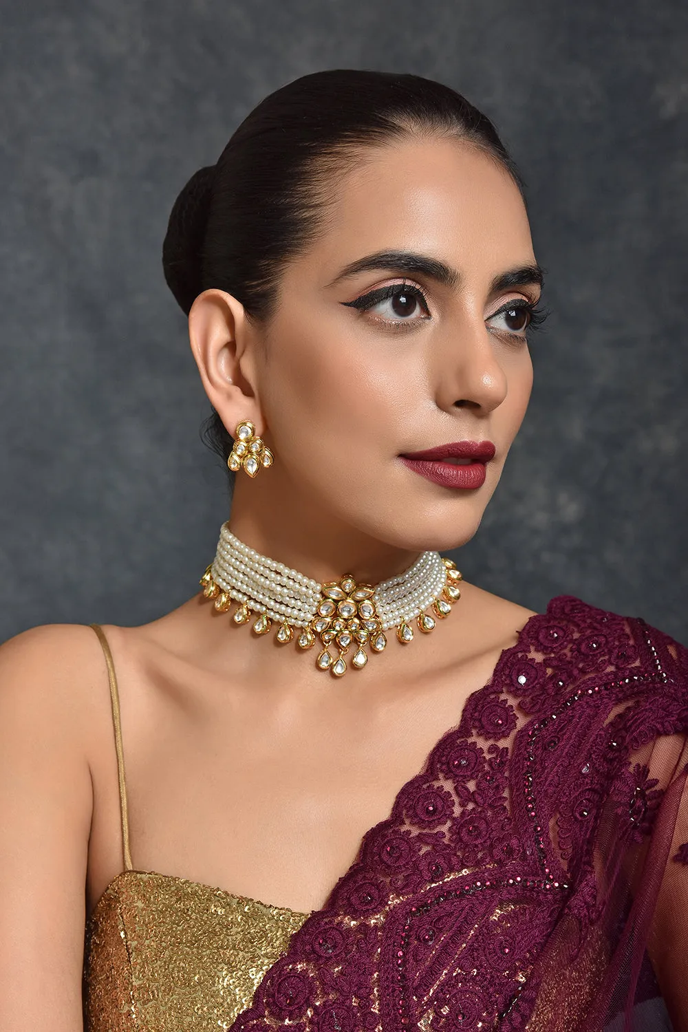 White Gold Tone Kundan Pearl Choker Necklace Set