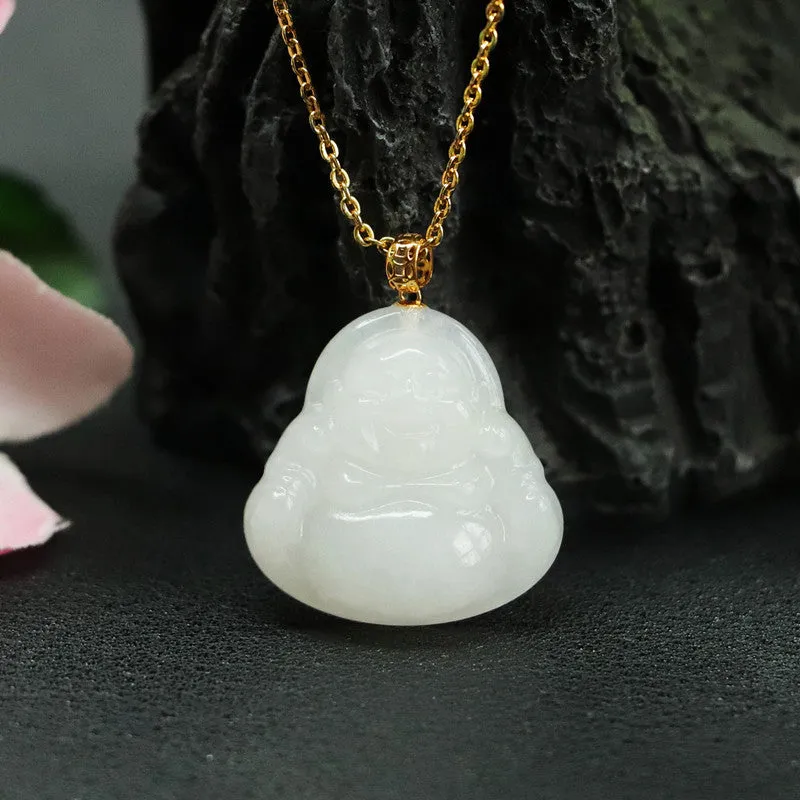 White Jade Buddha Necklace crafted with Natural Hotan Jade