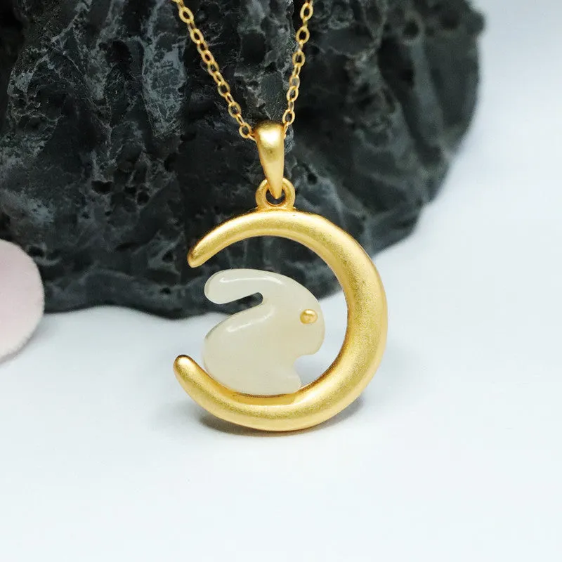 White Jade Moon Necklace crafted from Sterling Silver and Natural Hotan Jade