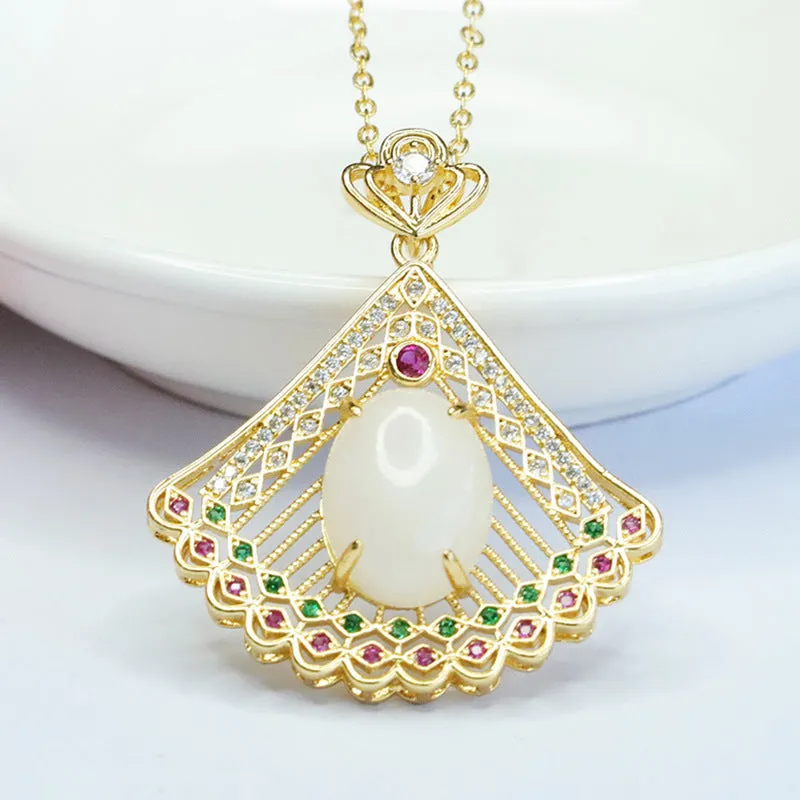 White Jade Peacock Screen Necklace with Hotan Jade Pendant