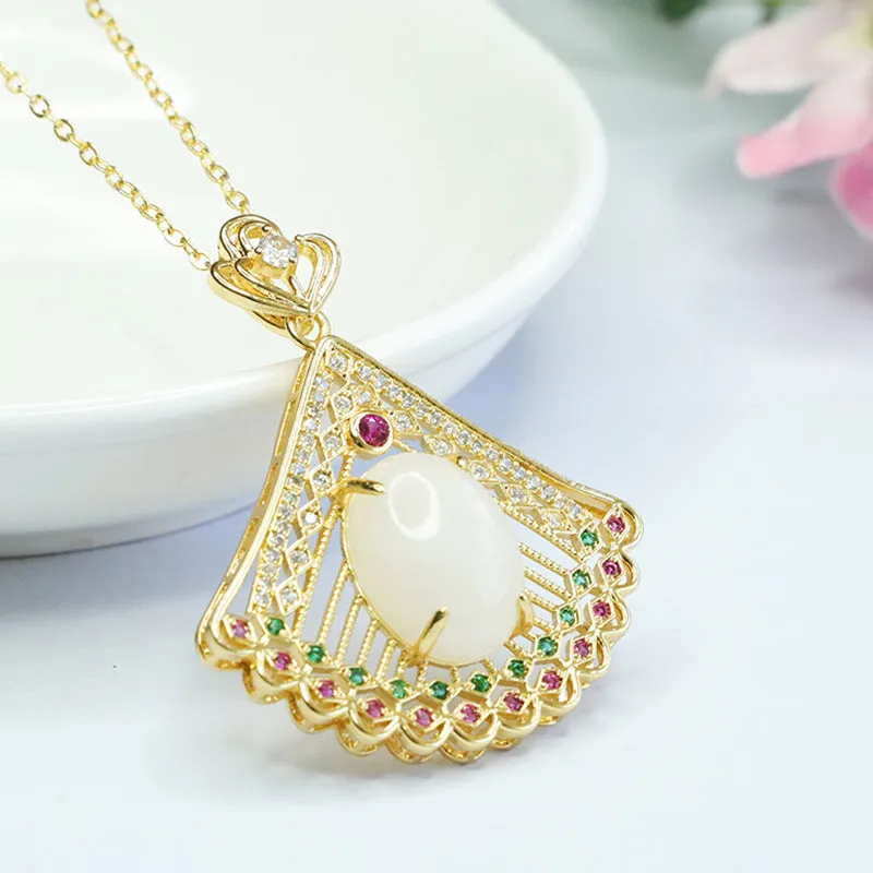 White Jade Peacock Screen Necklace with Hotan Jade Pendant