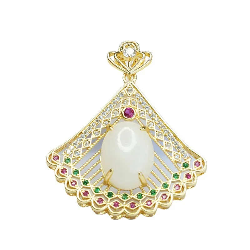 White Jade Peacock Screen Necklace with Hotan Jade Pendant