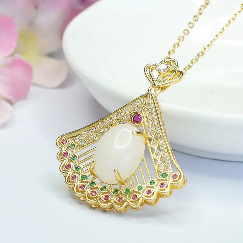 White Jade Peacock Screen Necklace with Hotan Jade Pendant