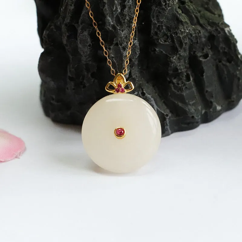 White Jade Safety Buckle Necklace with Red Zircon Accent