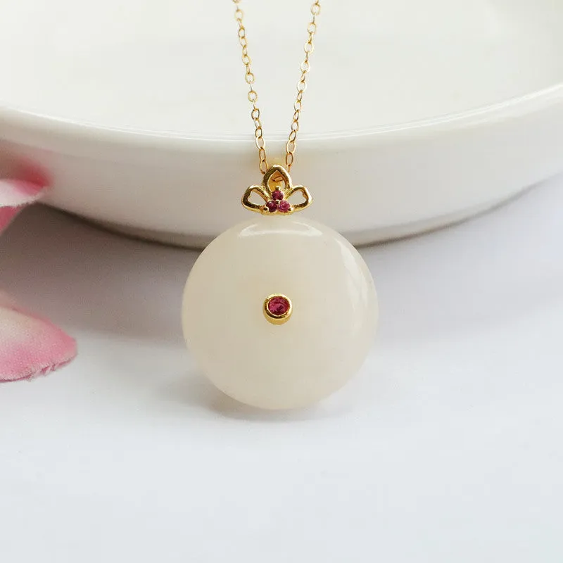 White Jade Safety Buckle Necklace with Red Zircon Accent