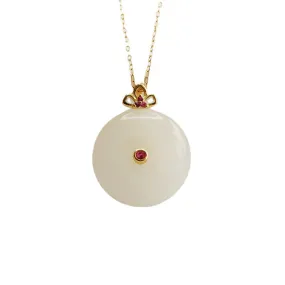 White Jade Safety Buckle Necklace with Red Zircon Accent