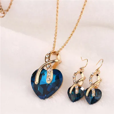 Women Wedding Accessories African Beads Jewelry Set Costume 18K Gold Plated nigerian Sapphire Crystal Love Necklace Earring Sets