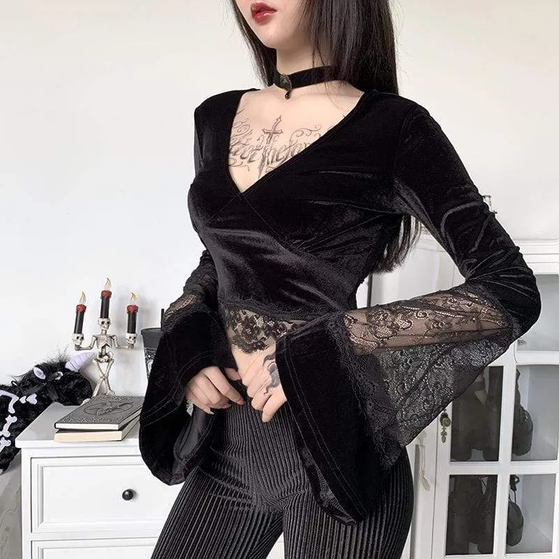 Women's Gothic V-neck Lace Hem Velet Tops