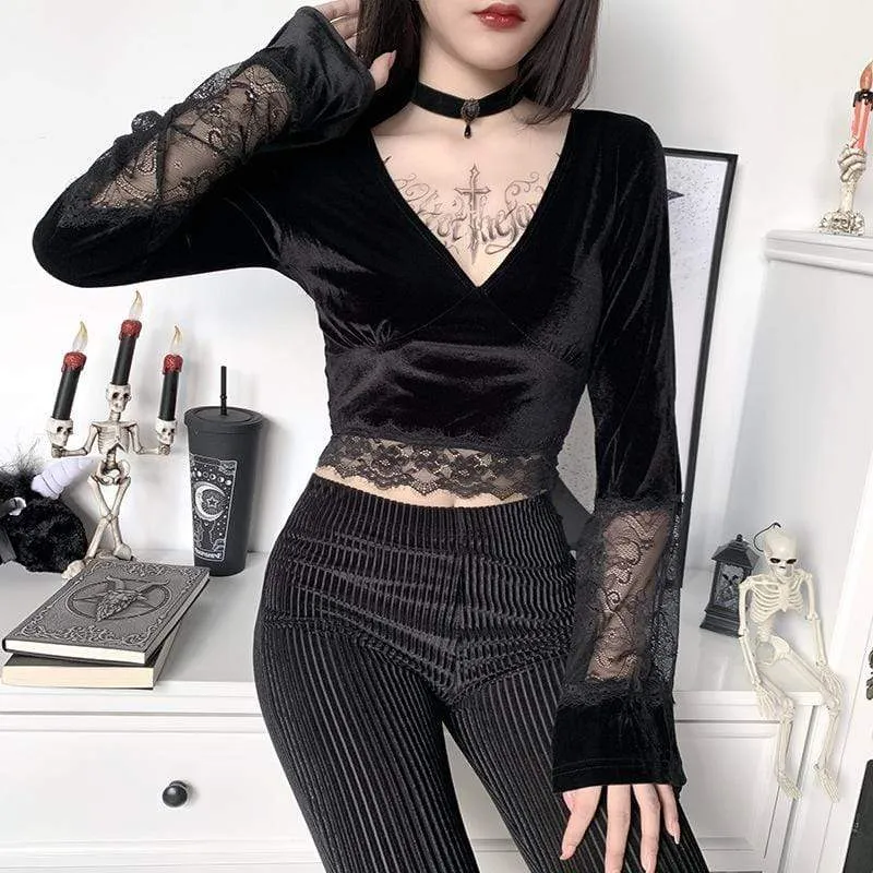 Women's Gothic V-neck Lace Hem Velet Tops