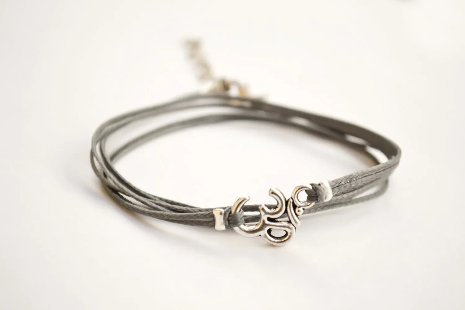 Wrapped silver Om bracelet, gray cord, yoga jewelry for her