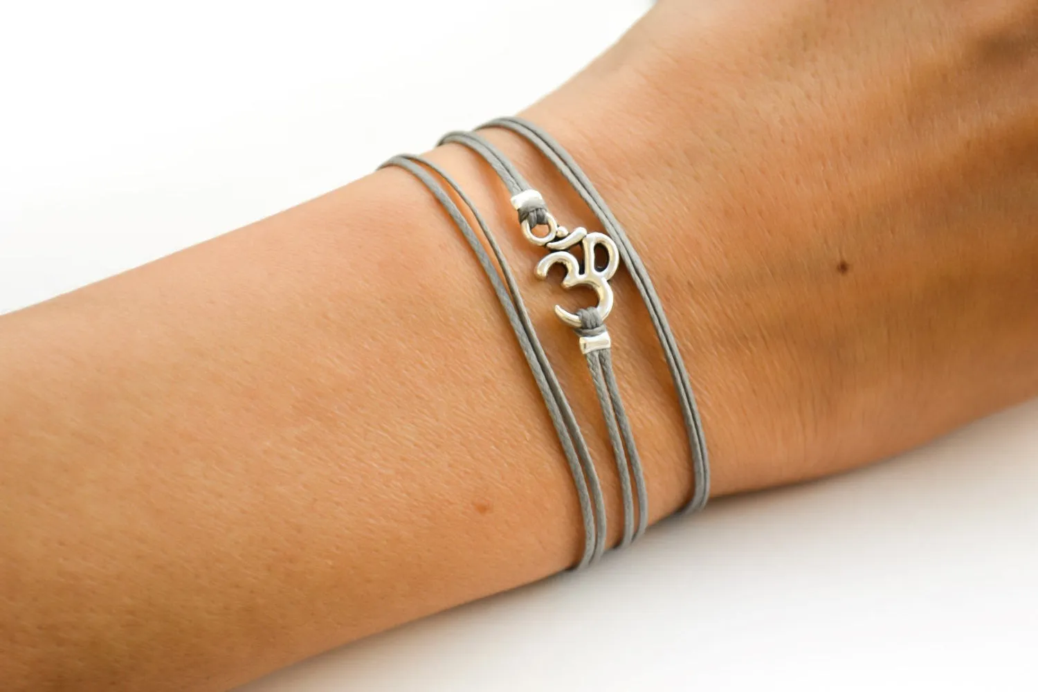 Wrapped silver Om bracelet, gray cord, yoga jewelry for her